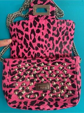 NWOT Pink Leopard Print Studded Chain Shoulder Bag